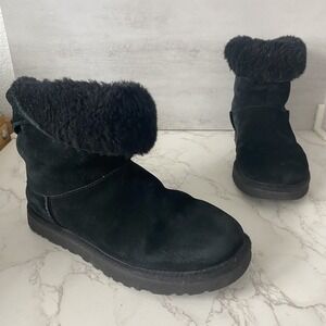 2/$25 UGG Classic Mini Karel Boots Women‎ US 7 Black Sheepskin Suede Buckle
